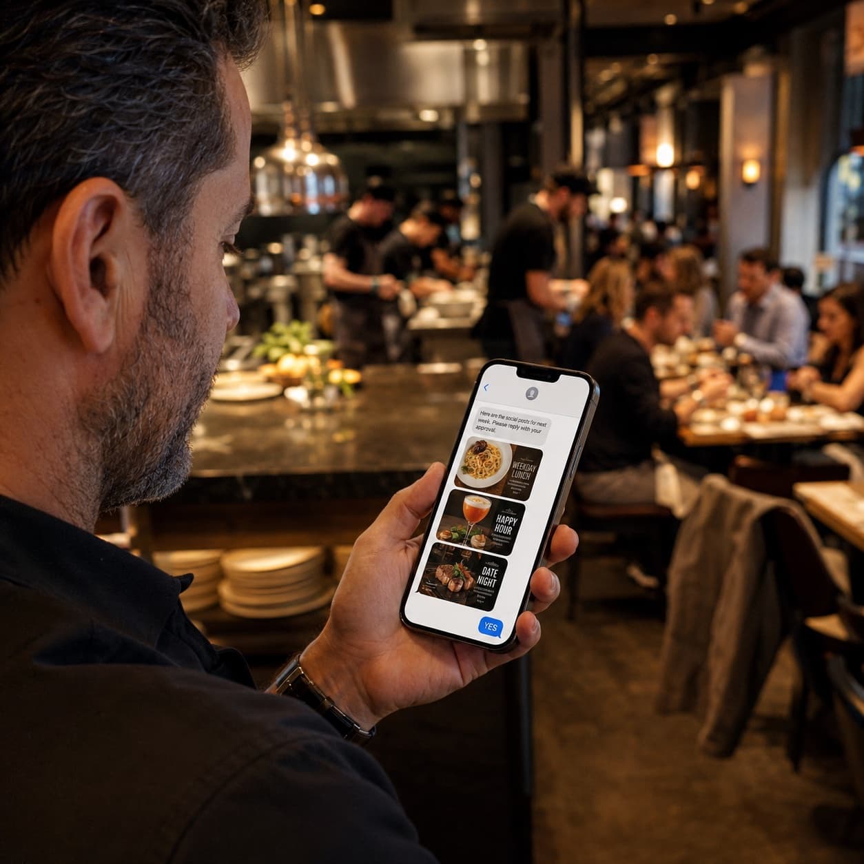 A restaurant owner standing in his busy dining room, approving next week's posts from his phone with a single YES reply