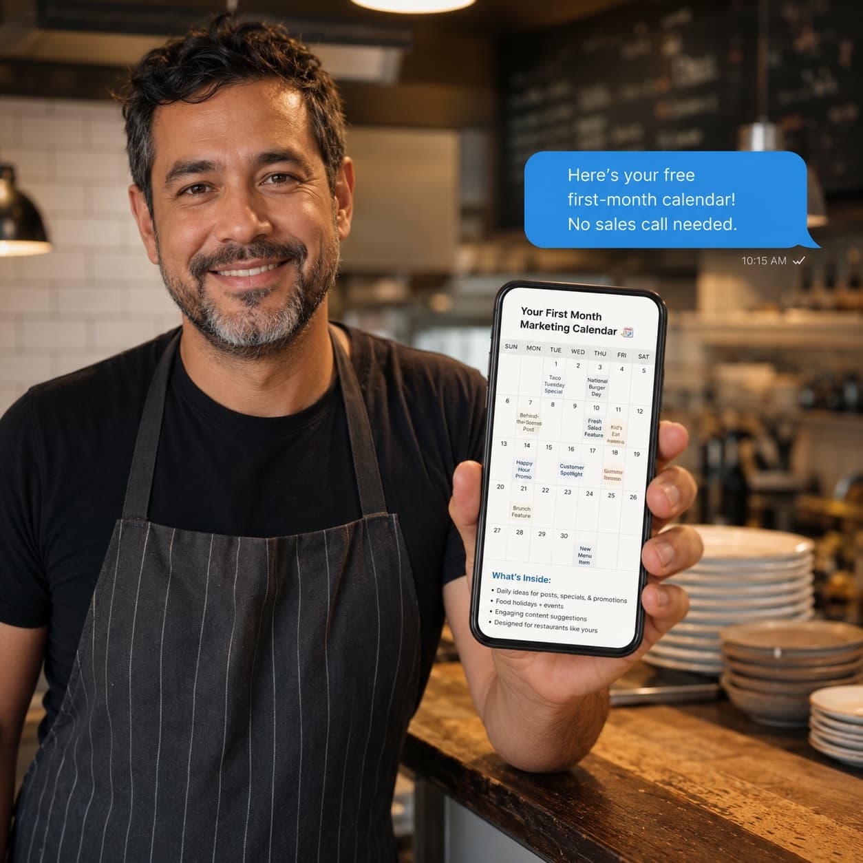 A smiling restaurant owner holding up his phone showing his free first-month marketing calendar, received by text — no sales call needed