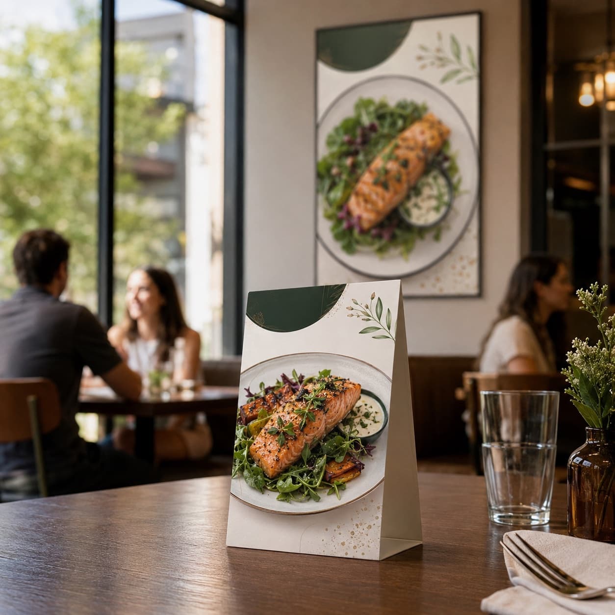 A printed table tent on a restaurant table, matching the wall poster behind it — the seasonal campaign visible in the dining room