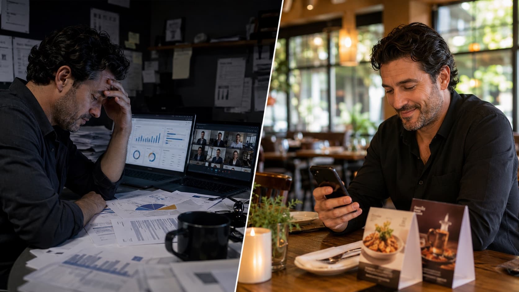 Left: an owner buried in dashboards, reports, and a Zoom call. Right: the same owner relaxed in his dining room, approving posts from his phone next to printed table tents
