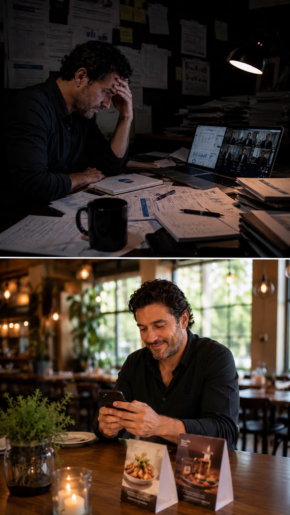 Top: an owner buried in dashboards, reports, and a Zoom call. Bottom: the same owner relaxed in his dining room, approving posts from his phone next to printed table tents