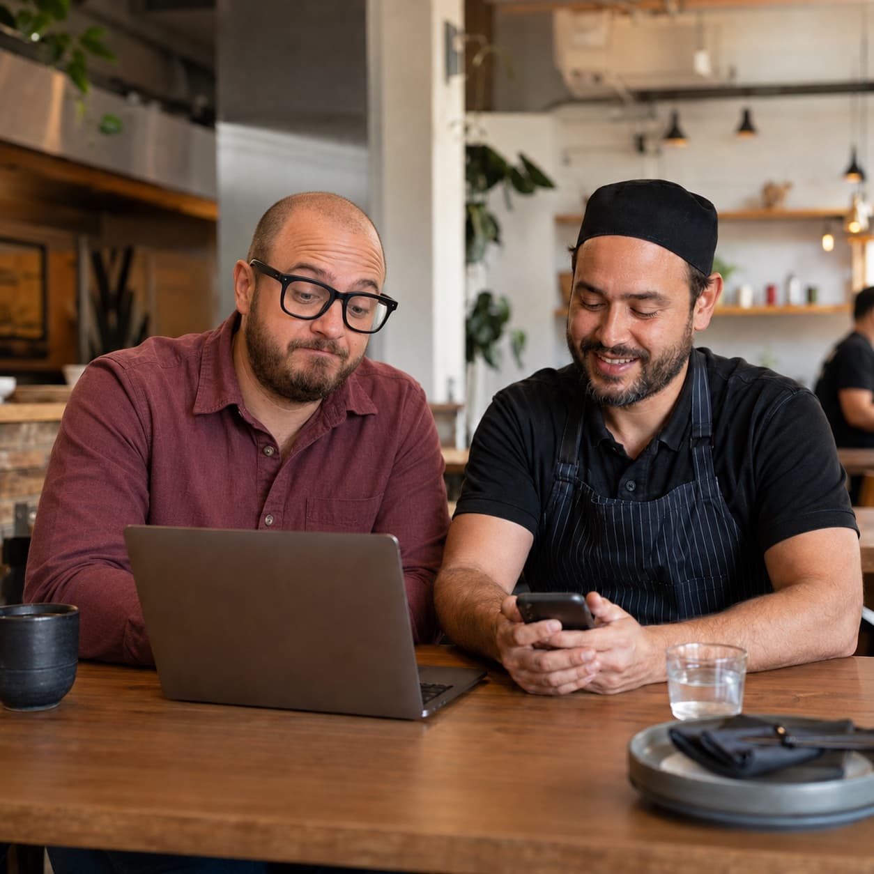 Working side by side with a restaurant owner — reviewing the month's posts together, right in the restaurant