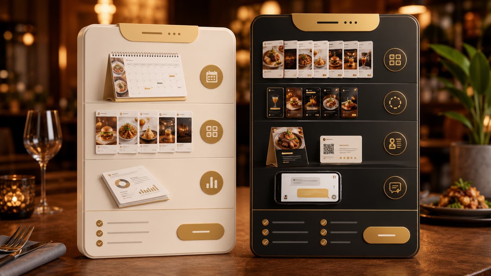 The two plans side by side: Visible with a marketing calendar, monthly posts, and a plain-English summary; Visible Plus adding more posts, Stories, in-restaurant print, and text support